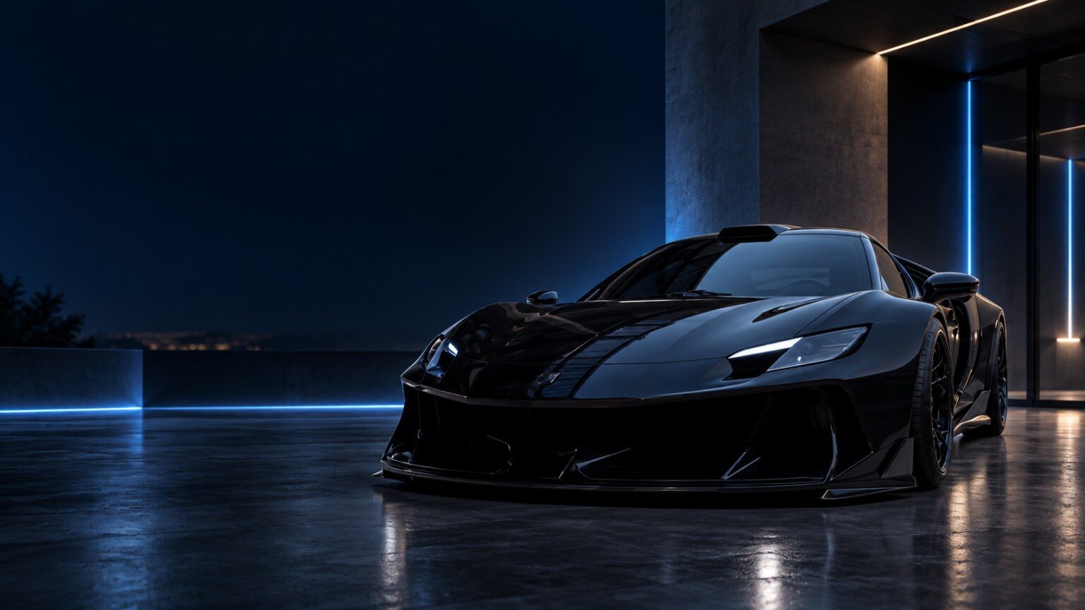 Черен hypercar в премиум тъмен showroom със синьо осветление